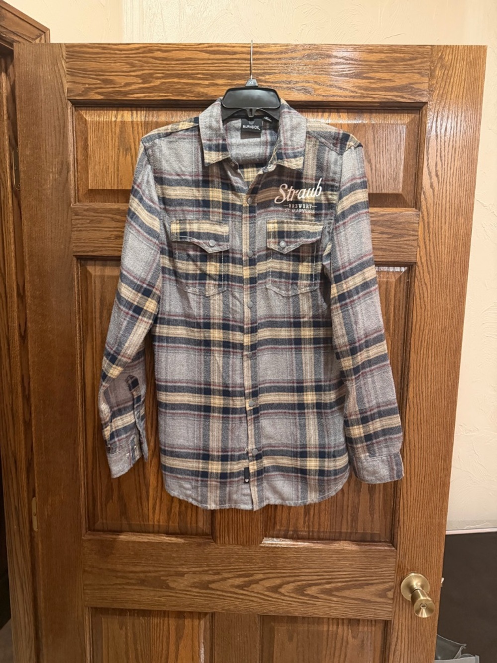 Straub Brewery Gray Plaid Flannel Shirt with Navy and Rust Stripes